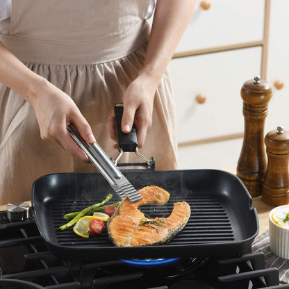 S·KITCHN Grill Pan with Folding Handle, Nonstick Grilling Pan for Stove Tops, Induction Compatible Rectangle KBBQ Pan with Pour Spouts - 13 × 9IN