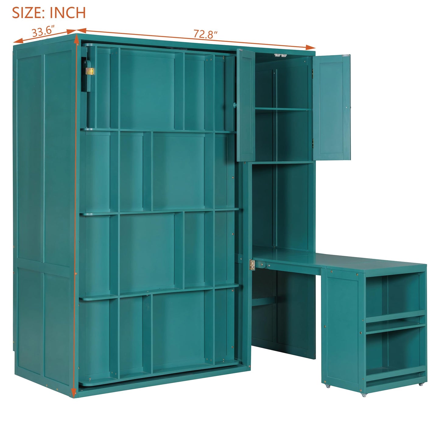 Merax Twin Size Rotating Wall Murphy Beds, Wood Folding Murphy Wall Bed with Bookshelf, Top Cabinet, Extendable Desk & Side Storage, Teal