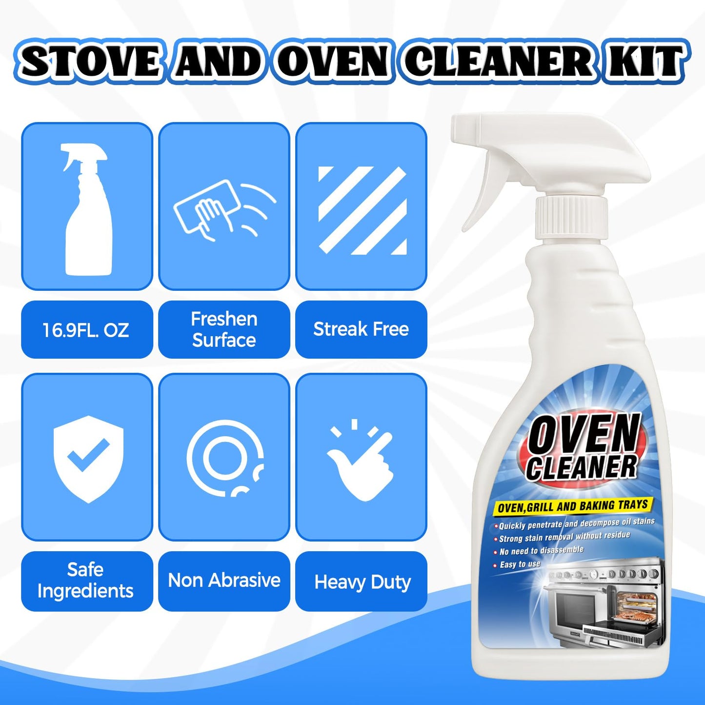 Erigathe Heavy Duty Stove and Oven Cleaner Kit, Includes Cleaning Tool, Razor, Scraper and 1 Pad to Remove Tough Stains - Use on Gas, Electric, Ceramic Surfaces, 4 Piece (16.9, Fluid Ounces)