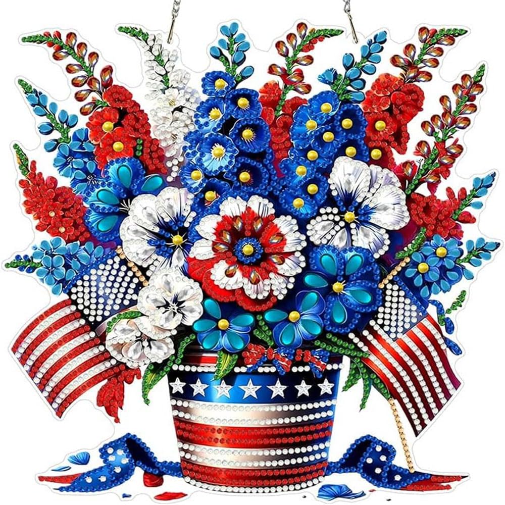 LPDJITO 5D Patriotic Diamond Art Hanging Kits for Adults, Flowers Diamond Painting Flowers Pendant Kits, Special Shape USA Flag Gem Art Suncatcher Ornament for Home Window Wall Decor