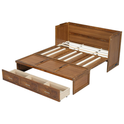 DNYN Queen Size Murphy Bed with Storage Drawer and Built-in Charging Station for Bedroom/Guest Room, Space-Saving Foldable Pine Wood Cabinet Bed with USB Ports, No Box Spring Needed