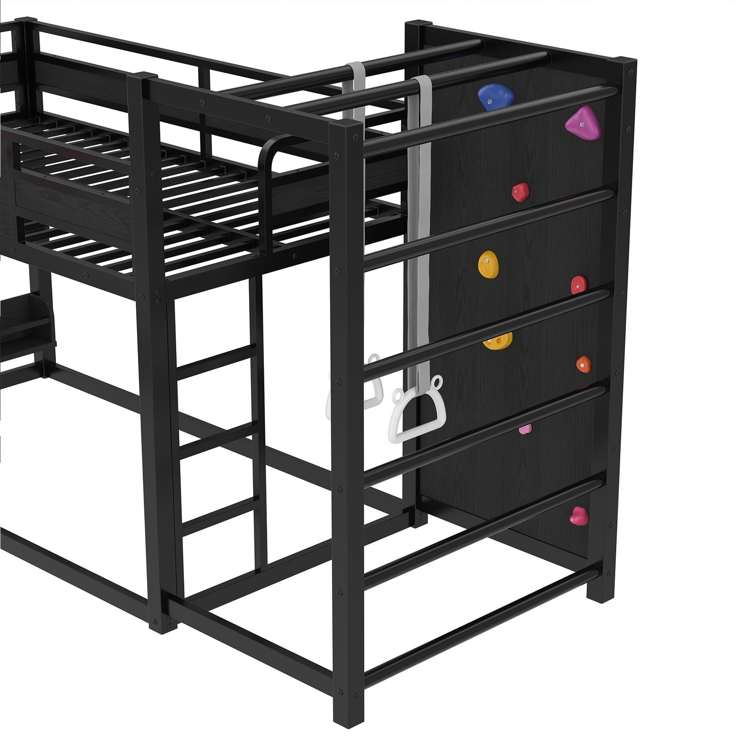 Bellemave Twin Size Bunk Bed with Basketball Hoop, Pull-up Rings and Climbing Wall, Twin Bunk Bed with Slide and Bookcase, Heavy Duty Bunk Beds with Guardrail, Black