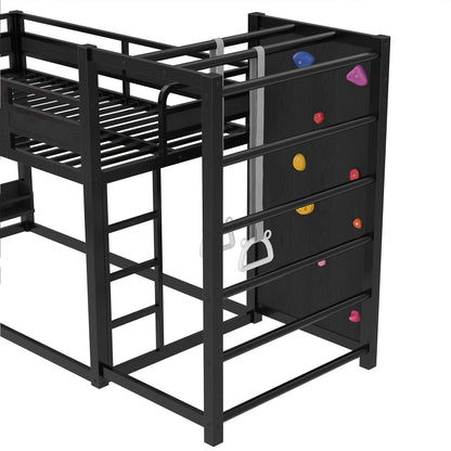 Bellemave Twin Size Bunk Bed with Basketball Hoop, Pull-up Rings and Climbing Wall, Twin Bunk Bed with Slide and Bookcase, Heavy Duty Bunk Beds with Guardrail, Black