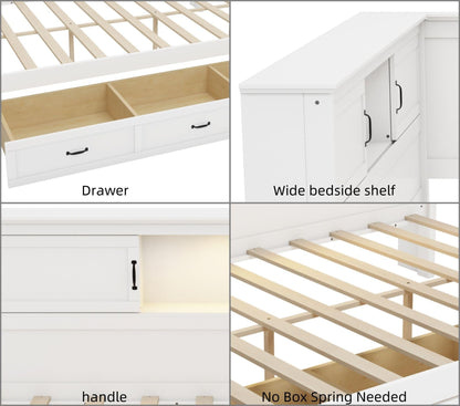 Merax Full Size Corner Bed Frames with Storage Drawers, Bookcase, Charging Station, Led Downlight, Wooden L-Shaped Captain Daybed Platform for Small Room, Bedroom, Guest Room, Kids'Room, White