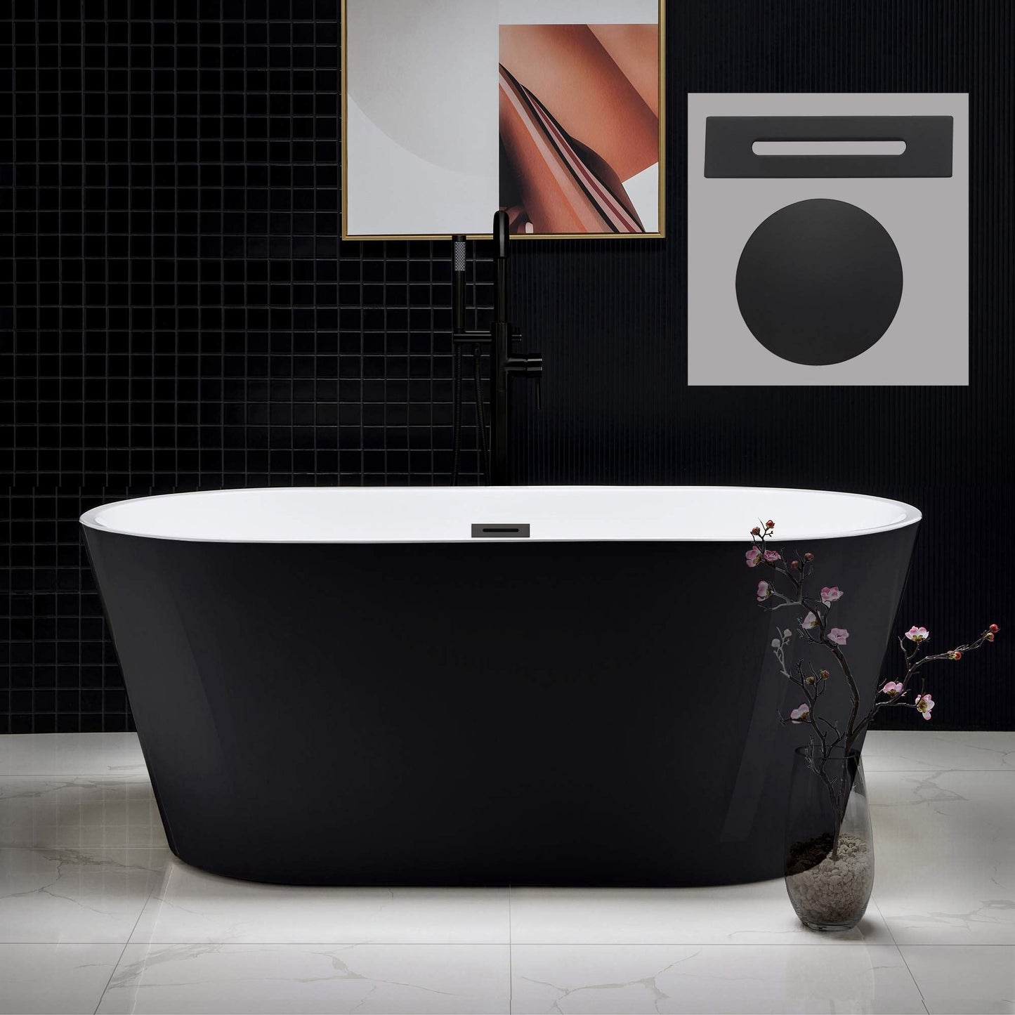 WOODBRIDGE 59" Acrylic Freestanding Bathtub Contemporary Soaking Tub with Matte Black Overflow and Drain,Black