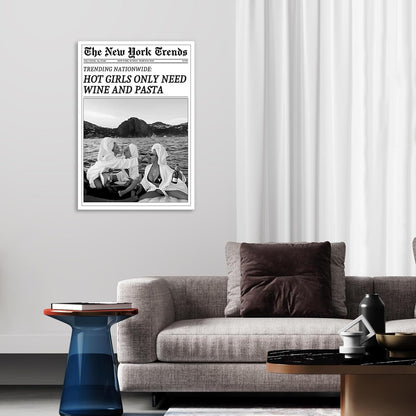 FBKDVC 24x36in Vintage Trendy Black And White Newspaper Print Poster Retro Times Canvas Wall Art Funky Hot Girls Eating