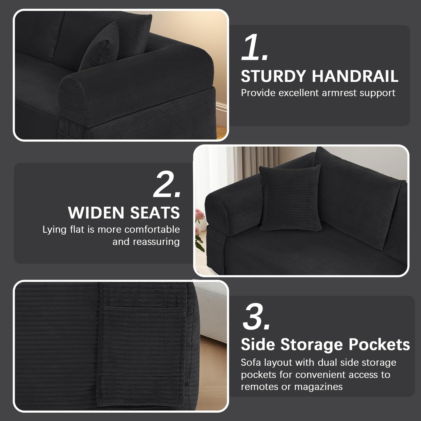 83" Modern Sofa in a Box, No Assembly Oversized 3 Seater 28" Deep Seat Cloud Sofa Bed Couch with 4 Furry Pillows & Corduroy Fabric, Boneless Couch with Side Storage Pockets for Living Room, Black
