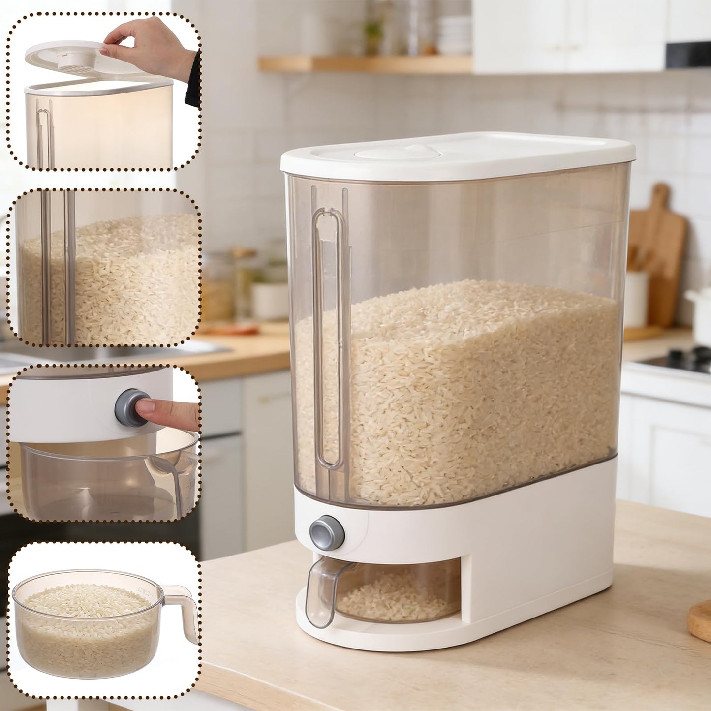 FMOACEN 22 Lbs Rice Dispenser with Measuring Cup Large Airtight Cereal Dispenser Multifunctional Dry Food Storage Container for Rice Grains Soybean Corn Kitchen Pantry Organization