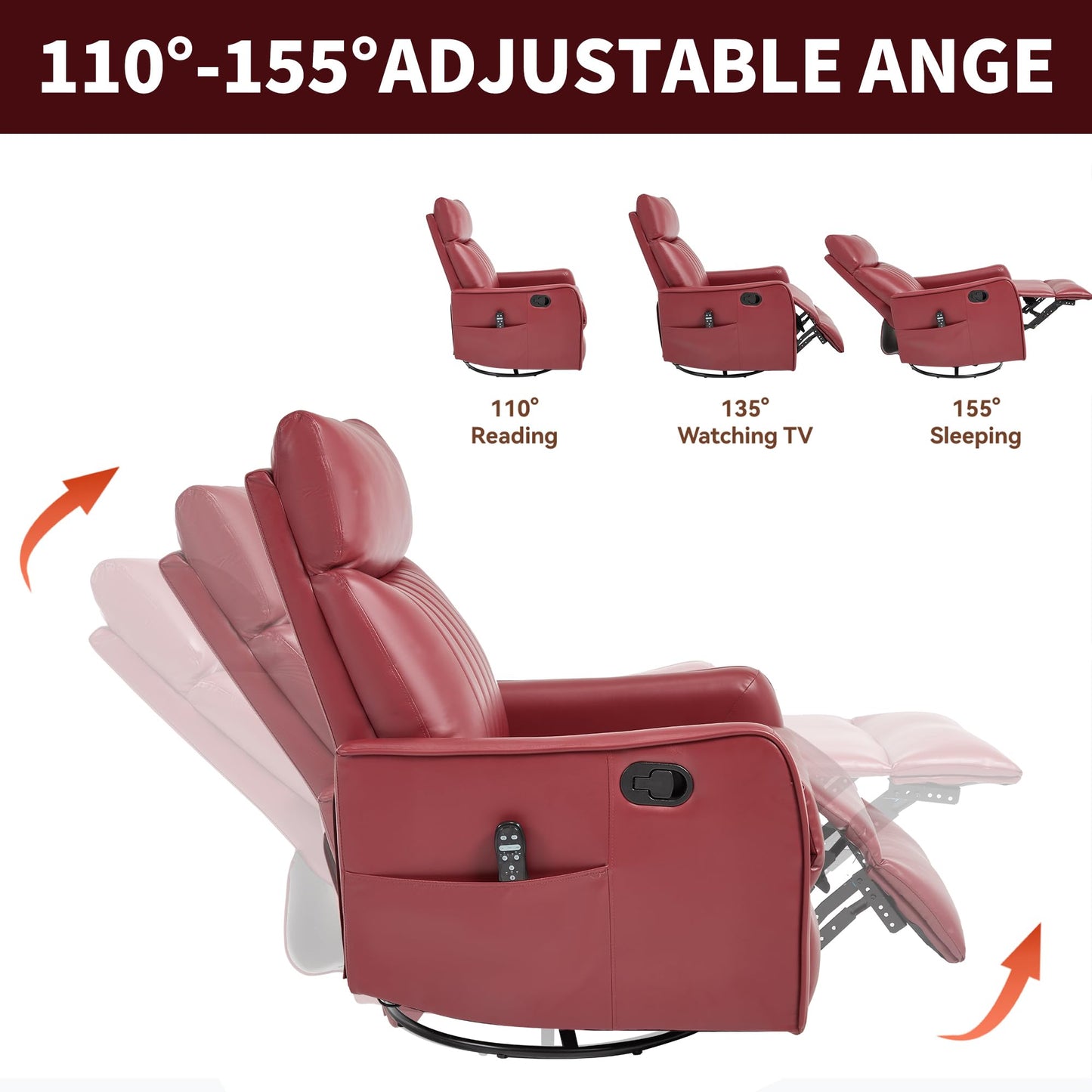 KEIKI 4-in-1 Manual Swivel Rocker Recliner Chair for Living Room, Faux Leather Nursery Glider Rocking Chairs with Back Massager & Heat, Engineered for Compact Apartment Comfort Lounging Daily, Red