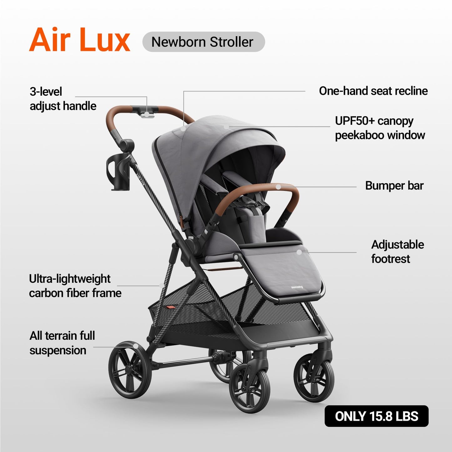 MAMAZING Air Lux Baby Stroller, Carbon Fiber Frame Only 15.8lbs, Compact Fold Toddler Stroller with Reversible Seat with Infant Insert, Included UPF 50+ Canopy, Large Storage Basket & Car Seat Adapter