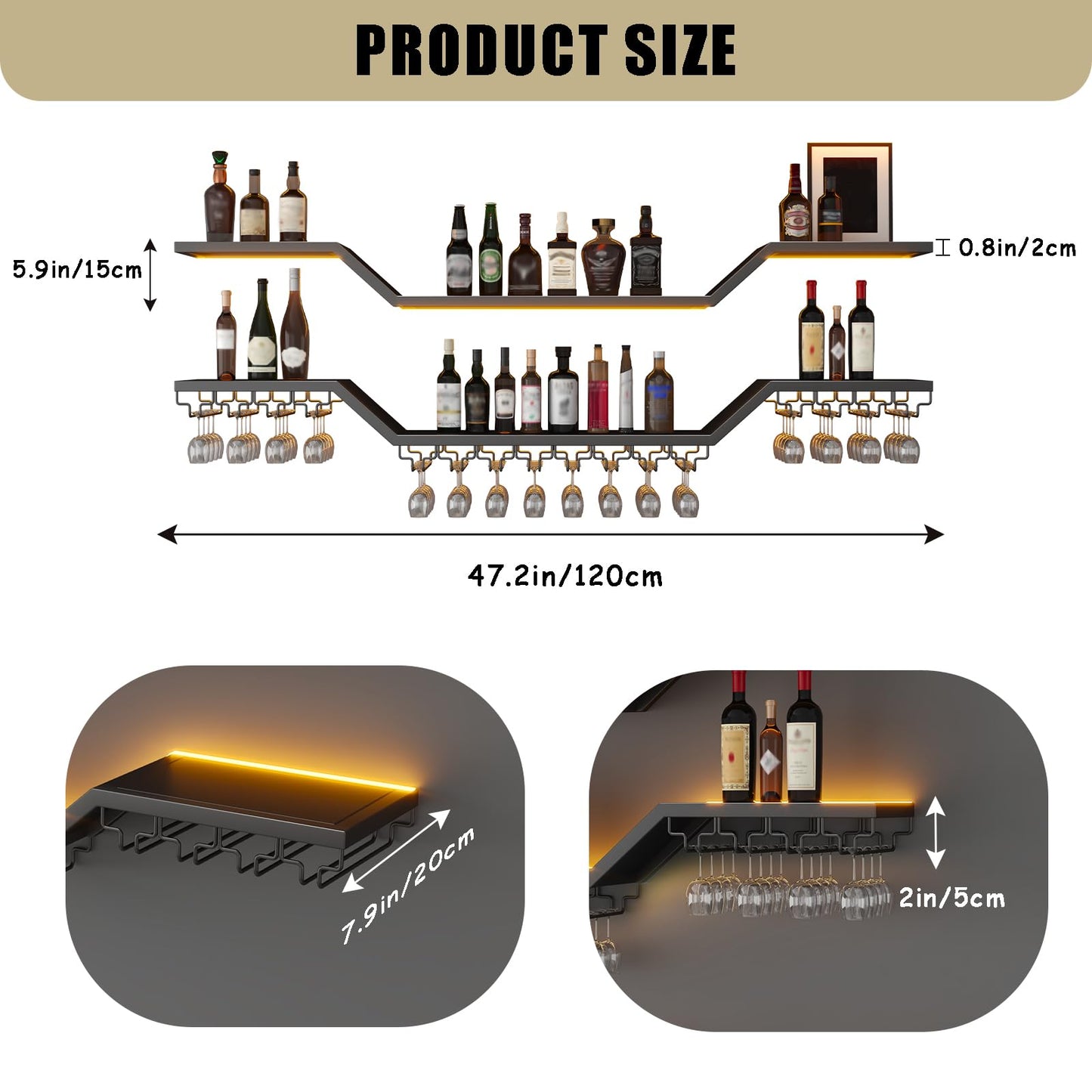 47.2in Modern LED Wine Rack Wall Mounted, 3-Tier Floating Bar Shelves with Wine Glass Rack, Large Hanging Liquor Shelf Wall Mounted, for Home Bar Dining Room Cafe Decorative (Black, 47.2in/120cm)