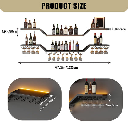 47.2in Modern LED Wine Rack Wall Mounted, 3-Tier Floating Bar Shelves with Wine Glass Rack, Large Hanging Liquor Shelf Wall Mounted, for Home Bar Dining Room Cafe Decorative (Black, 47.2in/120cm)