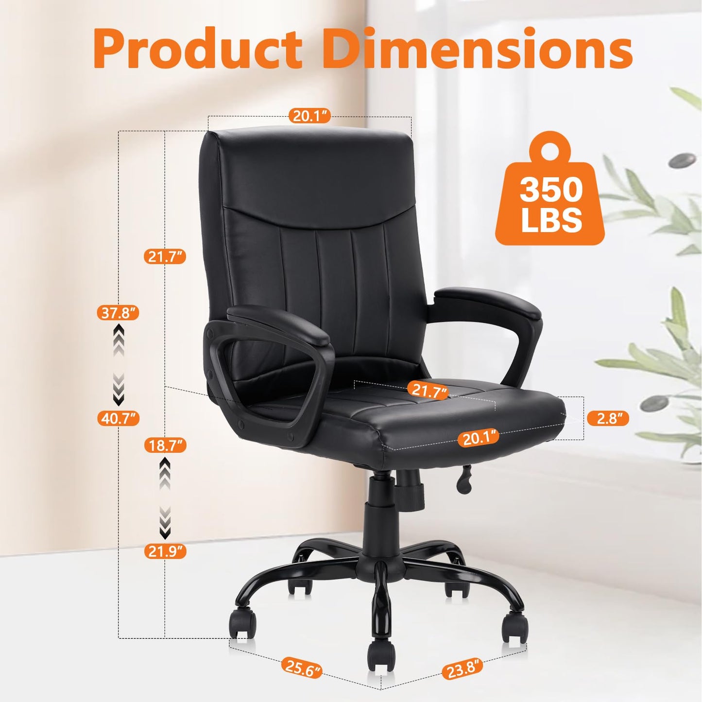CLATINA Leather Ergonomic Office Chair with Lumbar Support and Padded Armrestes, Swivel Rolling Executive Mid Back Computer Task Desk Chair for Home, Conference, Waiting Room, Black, 4 Pack