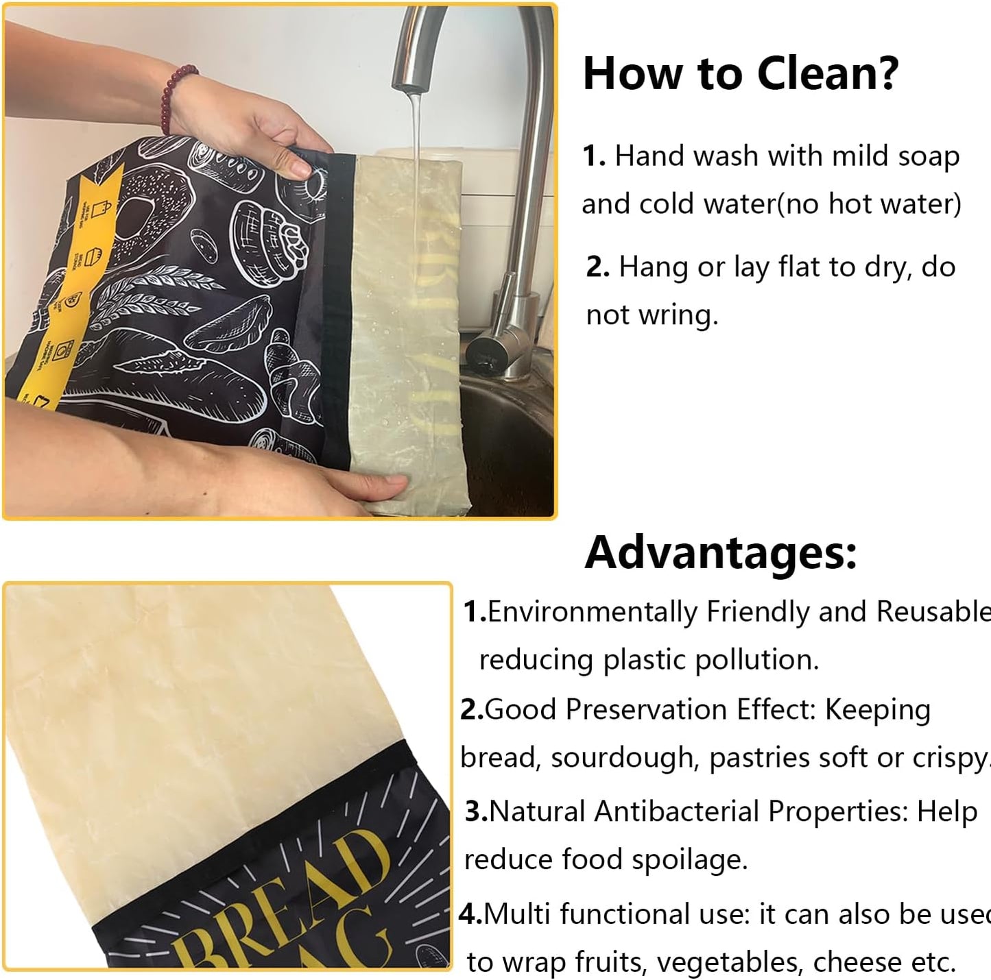 EthosCraft 2 Packs Bread Bags for Homemade Bread- XL Beeswax Bread Bags for Sourdough Reusable Food Grade Bread Storage