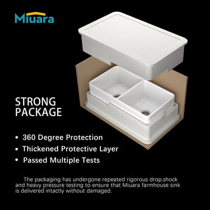 Miuara Farmhouse Sink Double Bowl 33 Inch - White Apron Front Kitchen Sink Reversible 33"x18", Undermount Farm House﻿ Style Dual Basin 50/50, Heavy Duty Solid Fireclay, for Kitchen