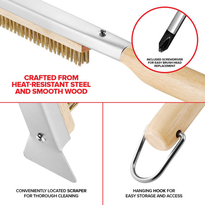 Essential Pizza Oven Accessories Kit- Includes Extra-Long Wooden Handle, 2 Brush Heads with Stainless Steel, Heat-Proof Bristles- + Slicer & Server |Works on Gozney, Blackstone & Pizza Ovens