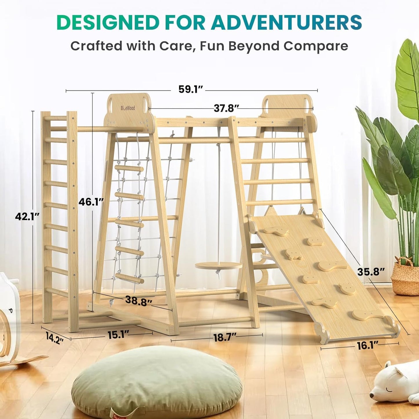 BlueWood Upgraded Indoor Jungle Gym 9-in-1 Playground Kids Climbing Toys, Waldorf Style Wooden Climber Playset with Slide, Swing, Monkey Bars, Upright/Rope Ladder, Climb Net, Natural Wood Color