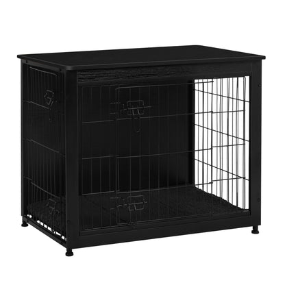 DWANTON Dog Crate Furniture with Cushion, Wooden Kennel Table with Double Doors, Indoor Dog House, Medium Size, 32.5" L, Black
