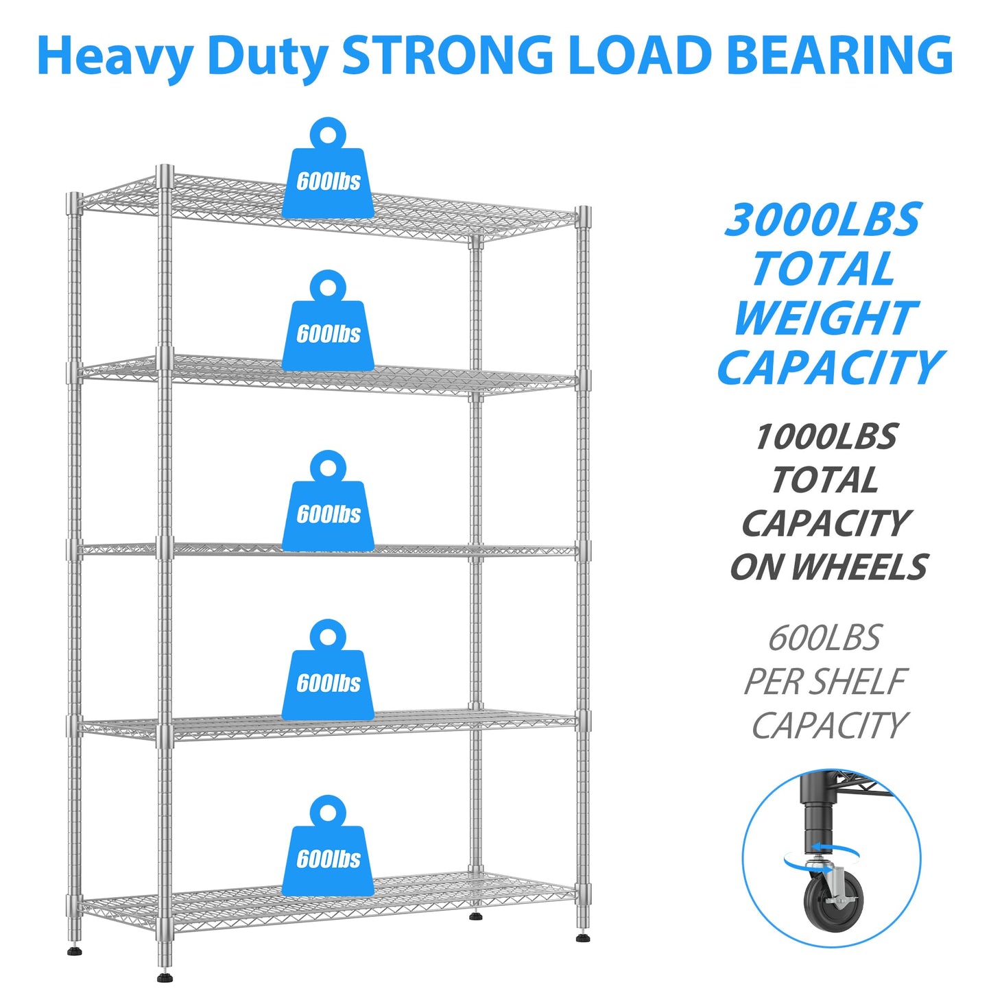 Homdox 5 Tier Storage Racks and Shelving, 24"x60"x82" Heavy Duty Metal Shelves for Storage, 3000LBS Commercial Adjustable Wire Shelving Unit on Wheels for Garage, Pantry, Kitchen, Warehouses, Chrome