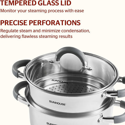 SUNHOUSE 3 Quarts Steamer Pots With Lid, 2-Tier Multipurpose Stainless Steel Steaming Pot Cookware With Stay-Cool Handles, Tri-ply Bottom, Compatible with All Cooktops