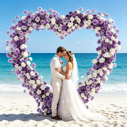 Heart Arch Stand for Proposal, Artificial Flower Heart-Shaped Arch Backdrop for Proposal, Wedding, Party Decor Decoration, Indoor & Outdoor Use with Roses (Purple+White)
