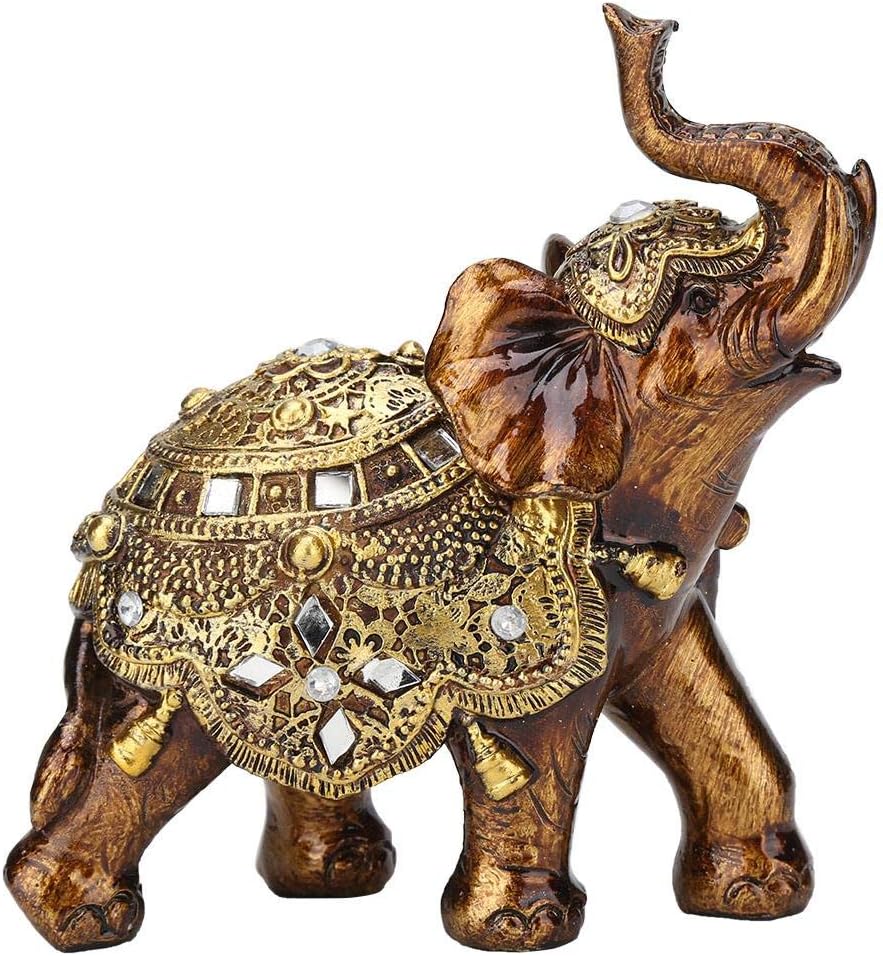 Golden Elephant Statue - Resin & Wood Grain Collectible Figurine, Feng Shui Lucky Sculpture for Home TV Cabinet