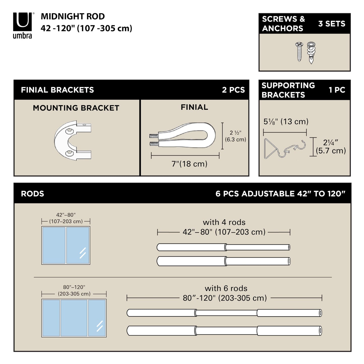Umbra Midnight Black-Out Curtain Rod for Window, Works with All Room-Darkening Panels, Adjustable 42" to 120", Nickel