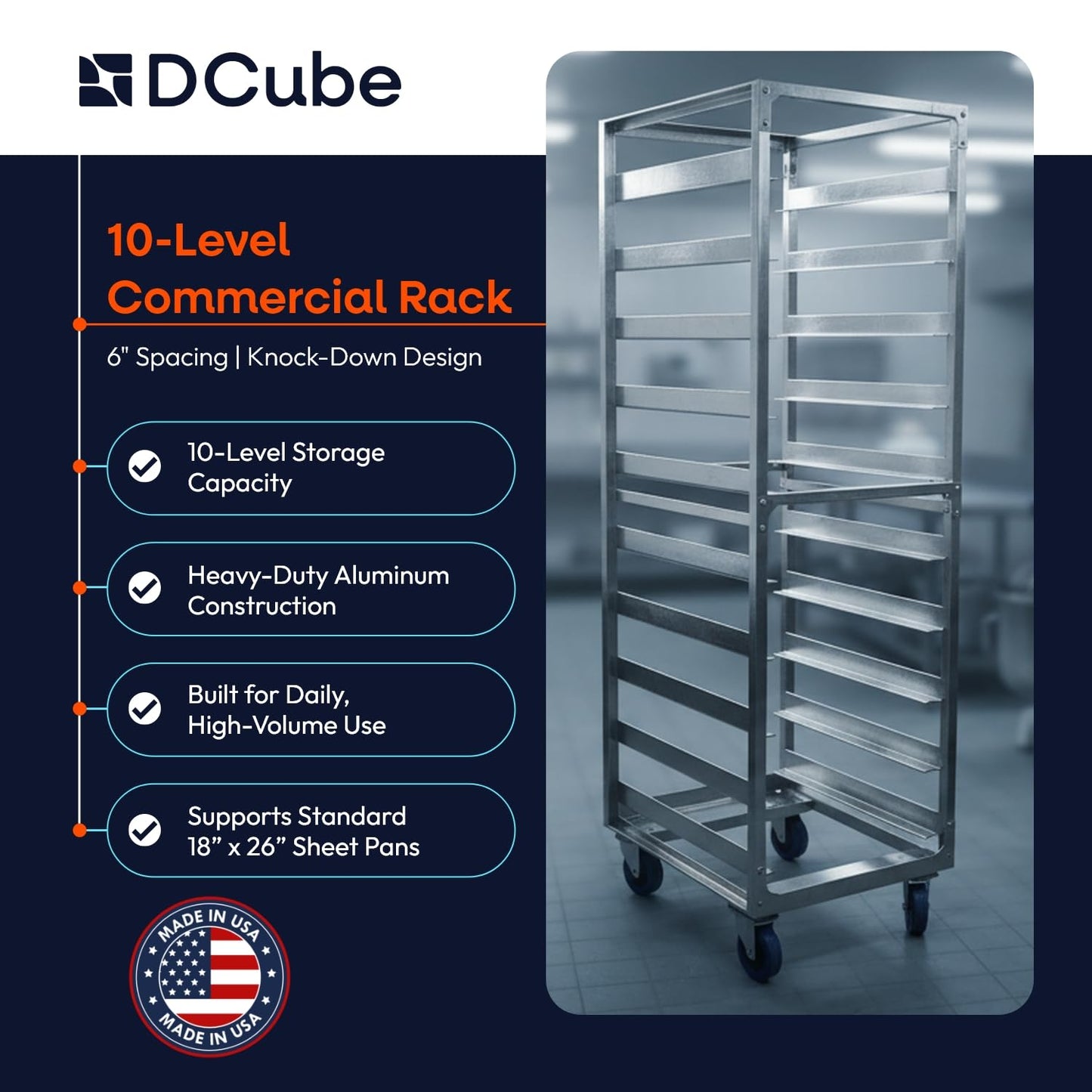 DCUBE 10 Level 6" Spacing Commercial Aluminum Pan Rack, Heavy-Duty Rack for Electronics & Pharma, Mobile Clean Room Rack with Wheels & 2 Locking Casters, Knock-Down Speed Rack, 20.5"x26"x70"
