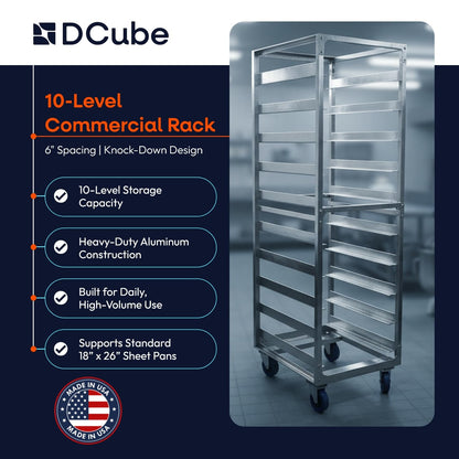 DCUBE 10 Level 6" Spacing Commercial Aluminum Pan Rack, Heavy-Duty Rack for Electronics & Pharma, Mobile Clean Room Rack with Wheels & 2 Locking Casters, Knock-Down Speed Rack, 20.5"x26"x70"