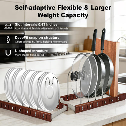Pot Lid & Pan Organizer, Space-Saving Kitchen Cabinet Organizer W Oak Base & Self-Adaptive Flexible Design for Tray, Baking Sheet, Cutting Board, Cookware, Skillets - Cutting Board Holder Storage
