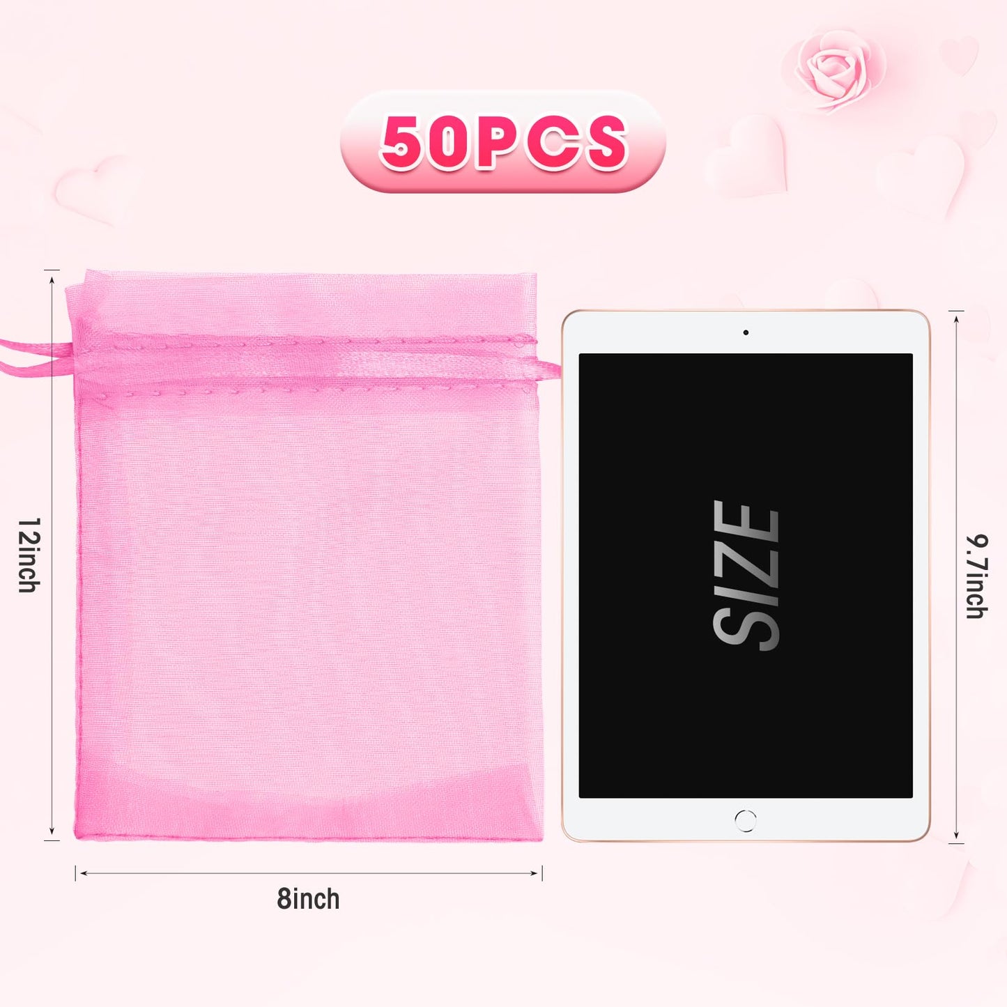 ANZNKU 8x12 in 50 Pack Pink Organza Bags, Small Gift Bags Bulk for Wedding Baby Shower Birthday Candy Party Favors, Large Sheer Mesh Goodie Bags Drawstring for Jewelry Craft Sachet & Gifts Wrap