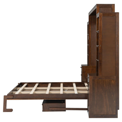 Merax Queen Size Murphy Bed with Desk and LED Lights, Power Outlet, Foldable Murphy Cabinet Bed with Open Storage Shelves & Drawers, Wood Space-Saving Hidden Wall Bed for Guest Room, Dark-Brown