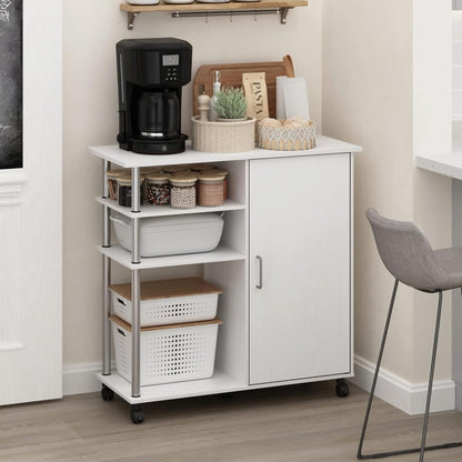 Oakestry Helena Four Tier Kitchen Island Storage Cart Wheels White Oak Stainless Steel Utility Trolley Organizer Modern Rolling Furniture