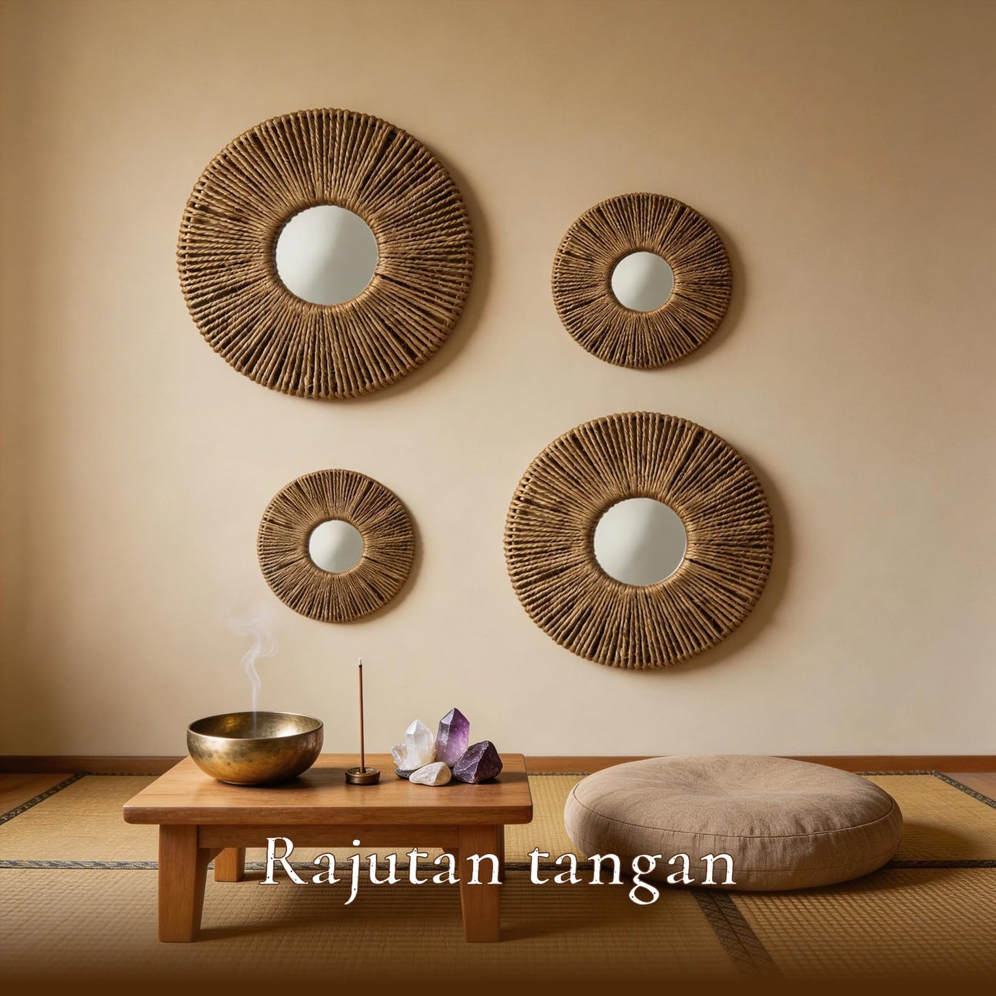 4-Piece Round Wall Decor,Woven Wall Baskets Set, Boho Hanging Baskets Wall Art, Hand Woven Wall Baskets for Living Room Bedroom, Home Decoration