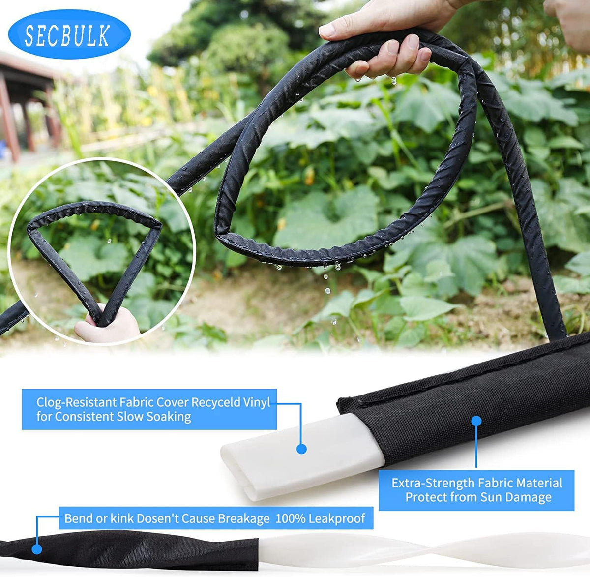 Secbulk 2025 Flat Soaker Hose - 150 ft Linkable Drip Hose for Efficient Garden Irrigation | Dual-Layer Leak-Free Design