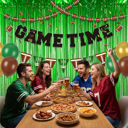 Football Party Decorations Set with Green Fringe Curtains & GAME TIME Banner – Game Day Football Decor, Football Themed Party Supplies for Birthday, Watch Party & Sports Events