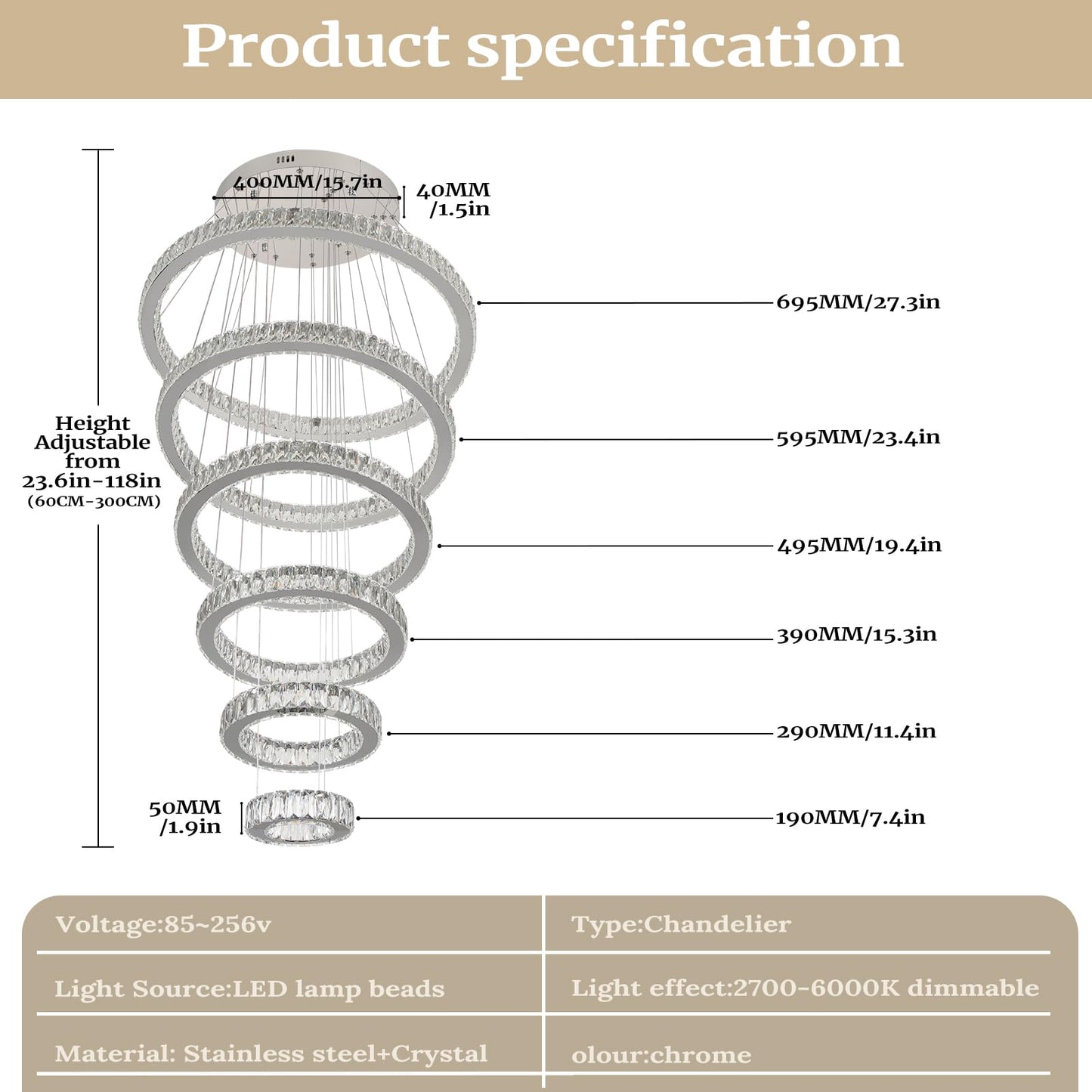 Finktonglan 6-Ring Crystal LED Chandelier, Cool White 6000K Modern Pendant Light, Adjustable Height up to 118", K9 Stainless Rings (Ø7.9–27.6"), Non-Dimmable for Foyer Stair Living Room