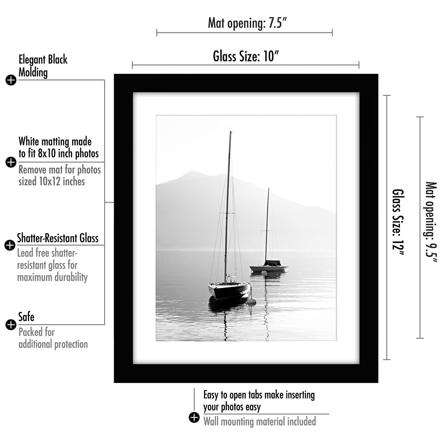 Americanflat 10x12 Picture Frame with Shatter-Resistant Glass - Use as 8x10 Frame with Mat or Display 10x12 Photo Without Mat - Signature Collection - Picture Frames for Wall Display - Black