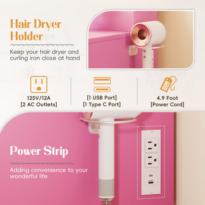 YESHOMY Vanity Desk with Lights and Mirror, L Shaped Makeup Table, Dresser with Hairdryer Holder and Power Outlet, Adjustable 3 Lighting Modes, 5 Drawers and Adjustabled Open Storage Shelves, Pink