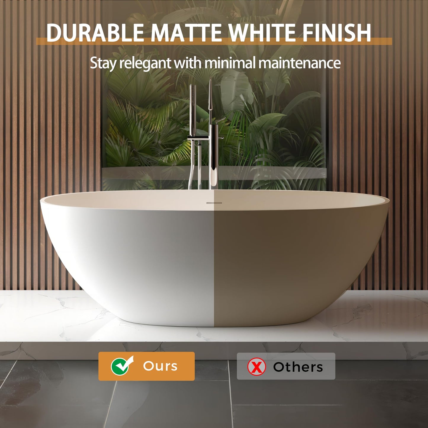 GDFStudio 65" Freestanding Solid Surface Bathtub, Handcrafted Stone Resin Soaking Tub with Overflow and Pop-up Drain, Matte White Luxury Bathtub, Ergonomic Design, 57.6-Gallon Capacity