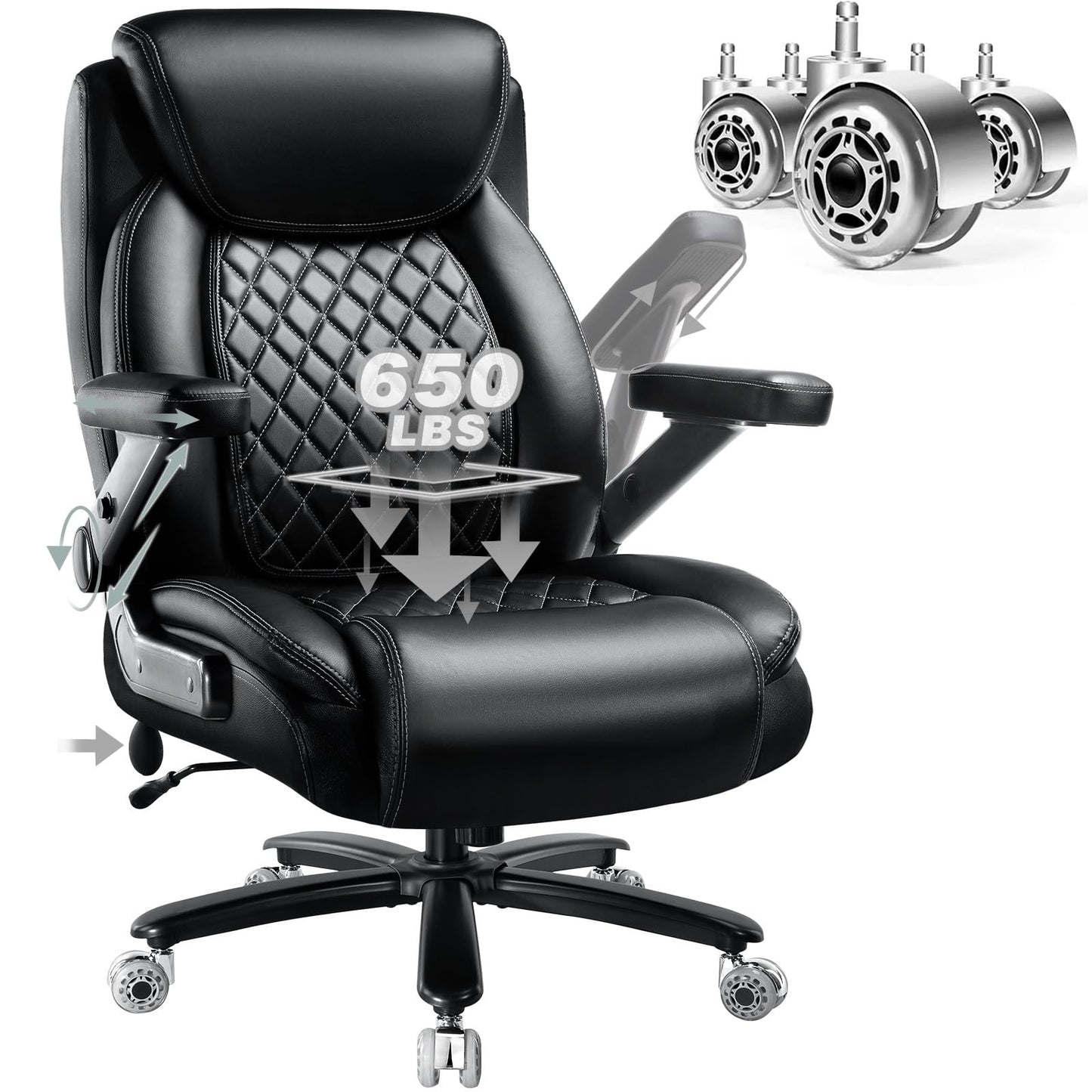 650LBS Big and Tall Office Chair with 5D Flip Arms and Thick Pocket Spring Cushion, Extra Wide Heavy Duty Office Chair & Adjustable Lumbar Support, Large High Back Computer Chair Dual Rubber Wheel