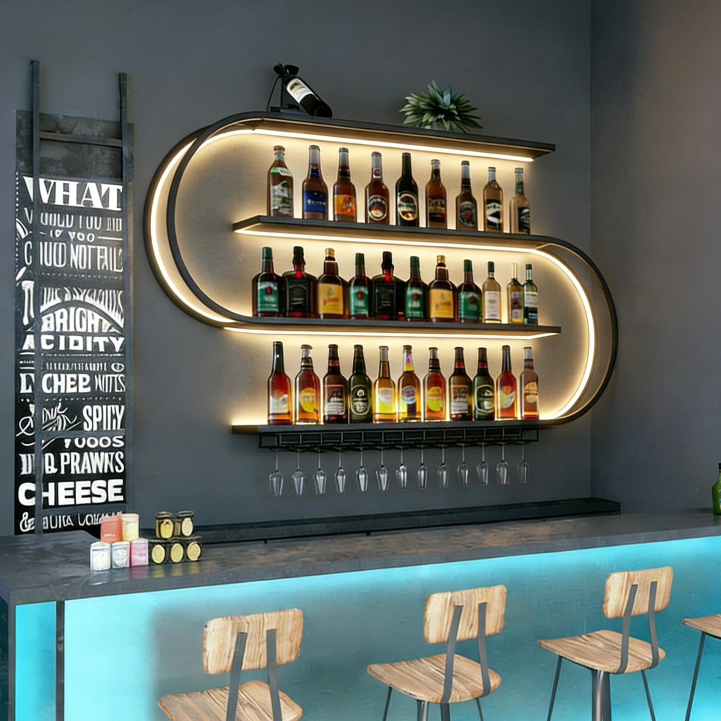 amhricho Wall Mounted Wine Rack with LED Light, Half Round Multi Tier Wine Rack with Wine Glass Hooks, Iron Wine Bottle Display Rack for Kitchen, Bar, Cafe (Black, 94.5 * 7.87 * 47.2INCH)