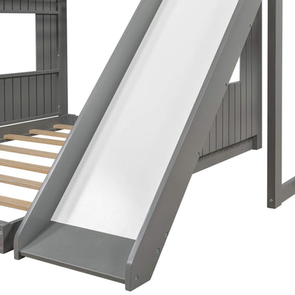 Twin Over Full Bunk Bed Frames with Slide, Safety Guardrails and Ladder for Teens, Girl or Boys, House Shape, Gray