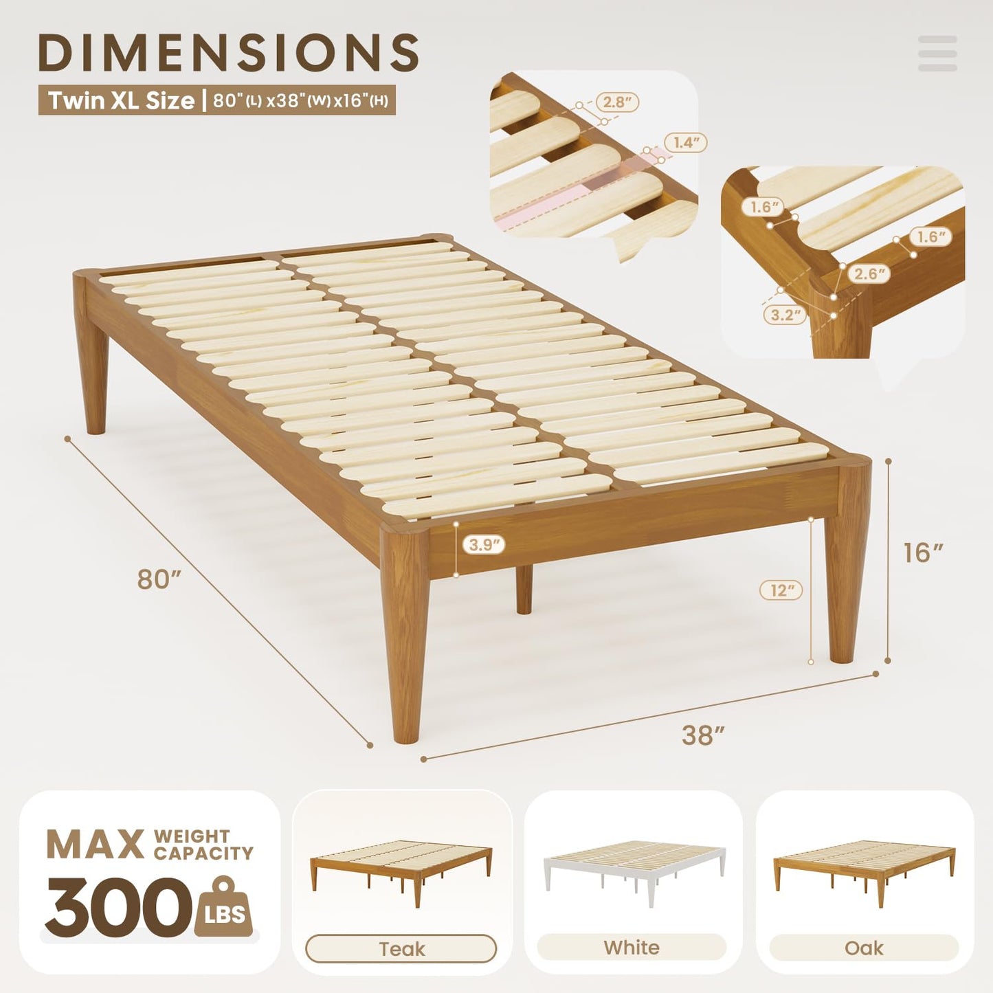 IOTXY Twin-XL Platform Bed Frame - Solid Wood 16-Inch Height Mattress Foundation Base with Densely Slats and Heavy-Duty Support Legs, No Box Spring Needed, Teak