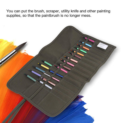 CYSFETENA Paint Brush Holder - 30 Slots Canvas Art Roll Up Bag Watercolor Oil Brush Organizer -Two Layers of Brush Pockets Washable for Artist Oil Watercolor Paintbrushes Painting Supplies
