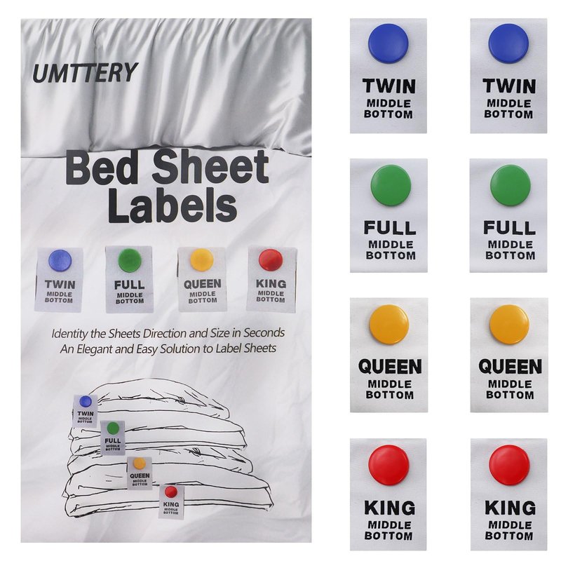 Umttery Bed Sheet Labels for Bedding,Identity The Sheets Direction and Size in Seconds, an Elegant and Easy Solution to Label Sheets, 16 Pack[Mix]