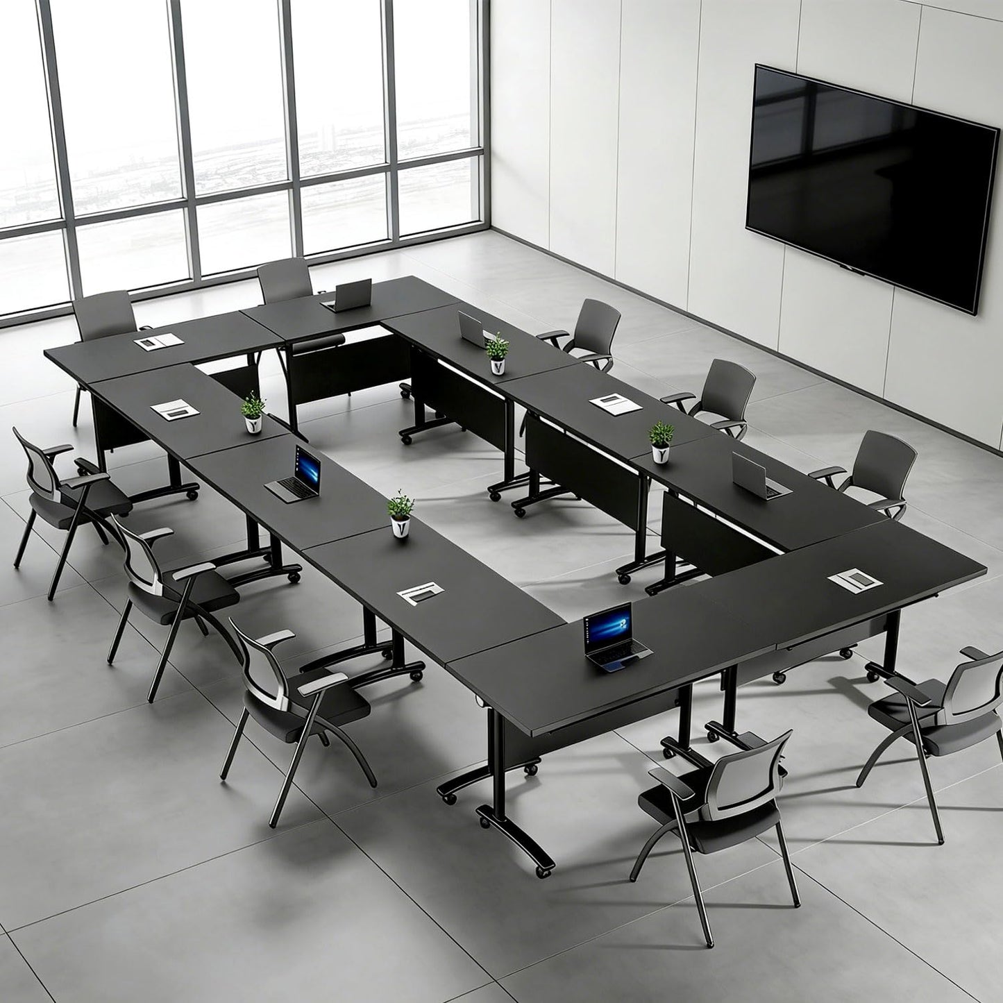 CUAOCEZ 8-Pack Modular Folding Conference Table with Wheels, 61" Flip Top Mobile Training Table, Heavy-Duty 550 lbs Capacity, Space-Saving Vertical Fold for Office Classroom & Seminar, Black
