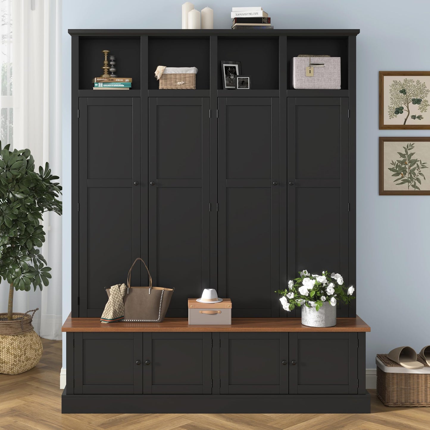 Shaical Hall Tree with Bench and Shoe Storage, 4-in-1 Entryway Bench with Coat Rack & Cabinets, Open Cubbies 4 Hooks, 76.7" H Wooden Storage Organizer for Hallway, Mudroom, Entrance, Black