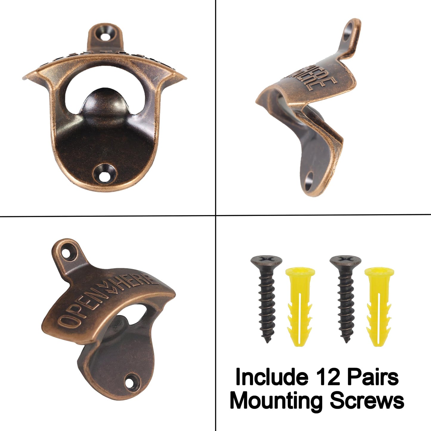 HAIICEN 12 PCS Bulk Bottle Opener Wall Mounted Old Fashioned, Antique Copper Mountable Beer Bottle Cap Opener for Wood DIY Man Cave