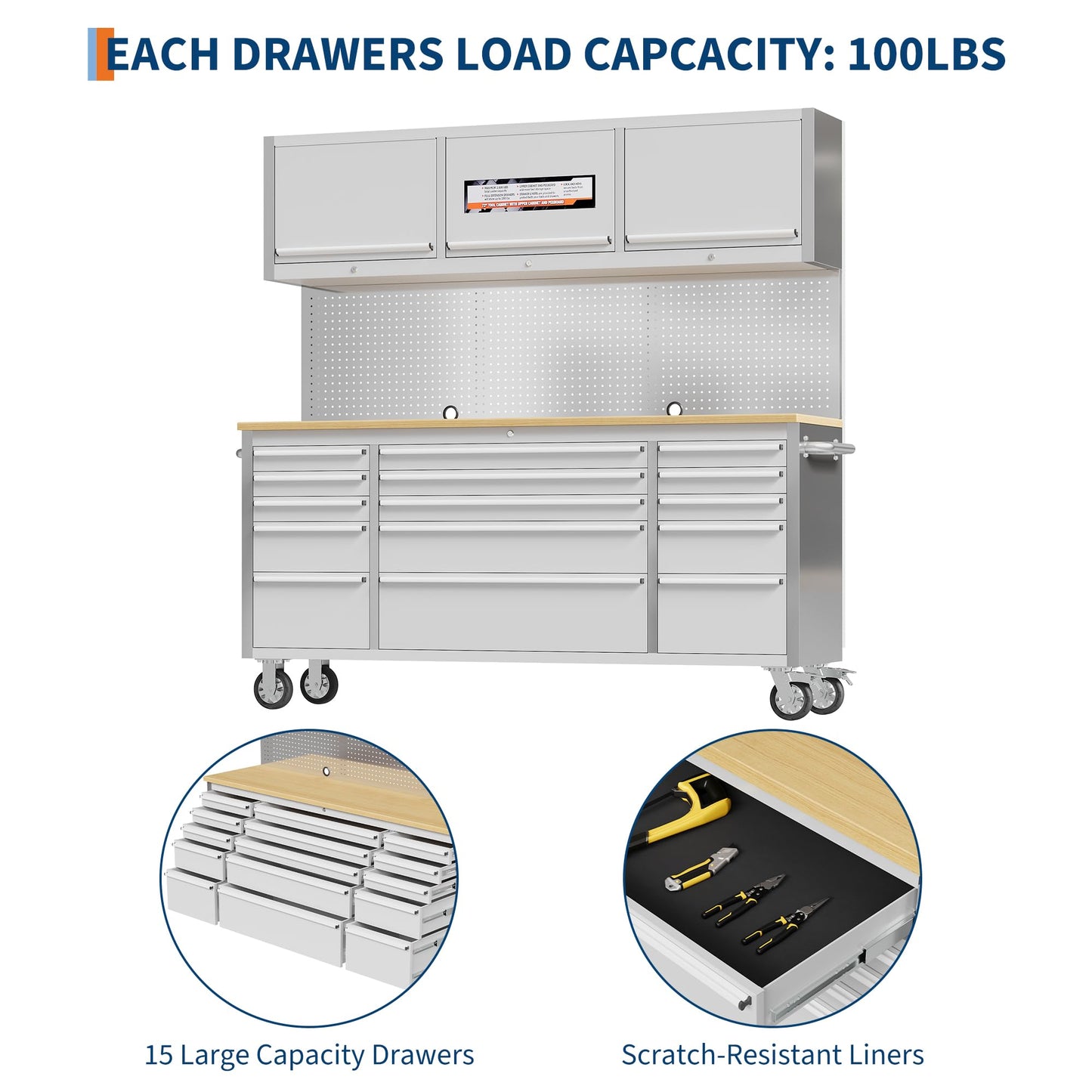 EliteEdge 72" Heavy-Duty Rolling Tool Chest & Workbench | 15-Drawer Mobile Tool Cabinet with 3 Top Lockers, Lockable Wheels & Key Lock | for Professional Garage & Workshop Storage